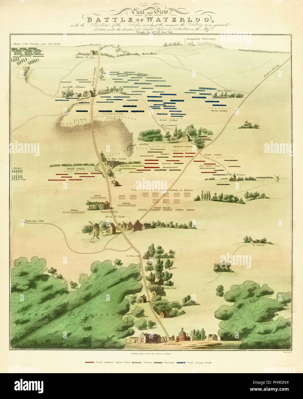 Souvenir Battle of Waterloo map, published in London and dated August 12, 1815, less than two months after the event.  The neat, stylised grouping of the opposing forces belies the confusion and bloodiness of the battle. Stock Photo