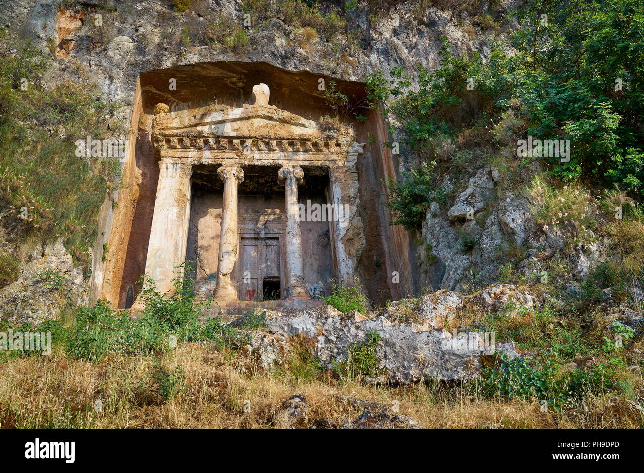 Tomb of Amyntas  carved in the rock, Fethiye, Turkey Stock Photo