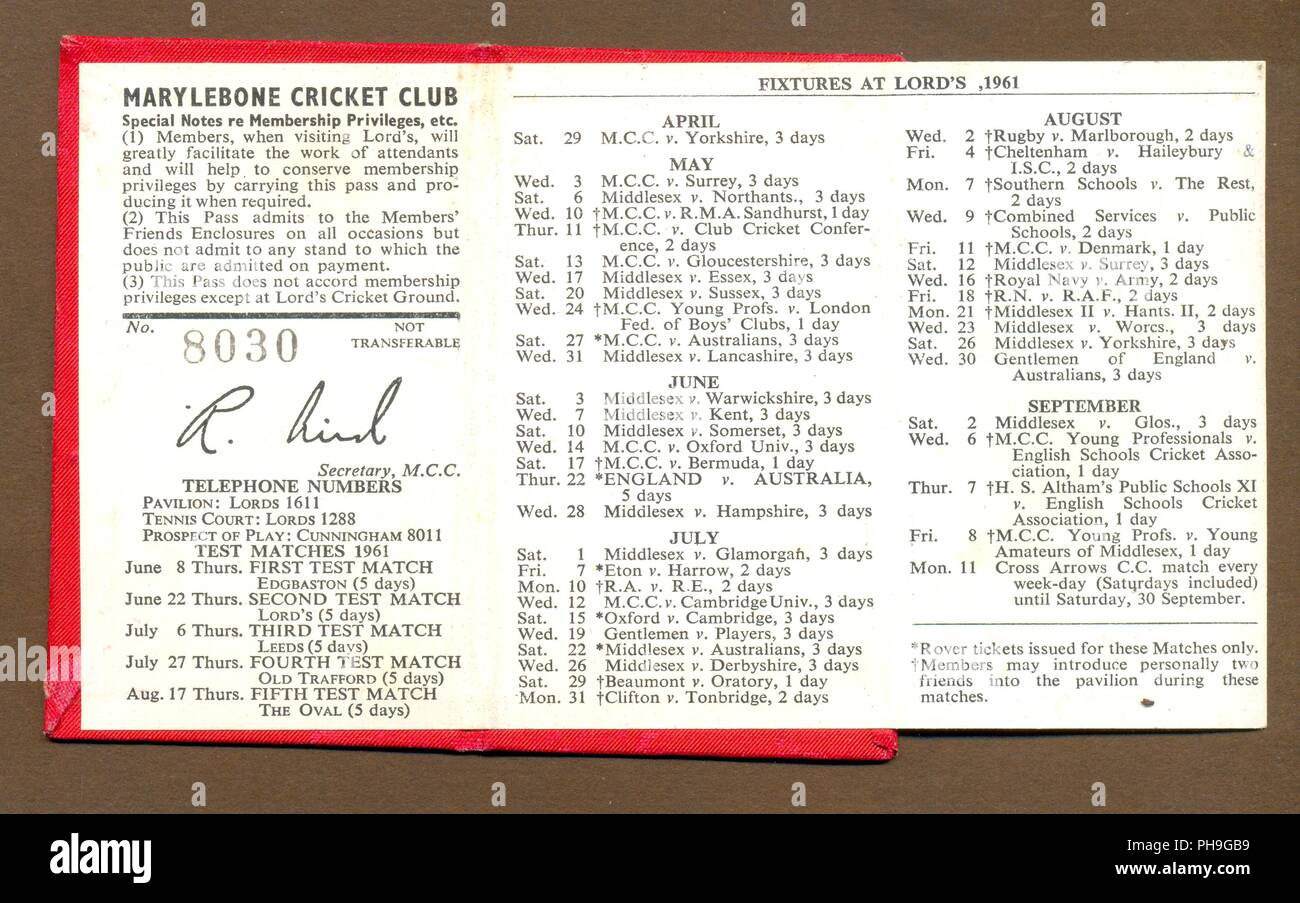 MCC fixture list 1961 Stock Photo