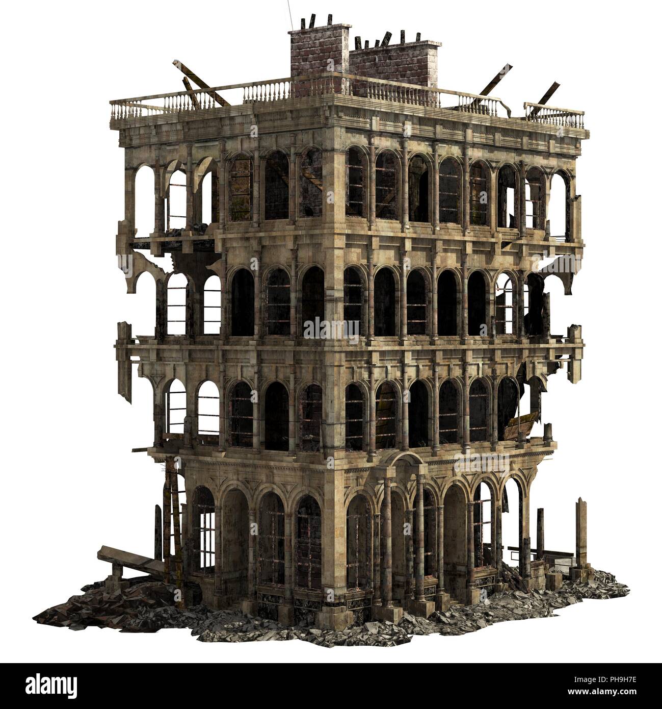 Ruined Building Isolated On White 3D Illustration Stock Photo - Alamy