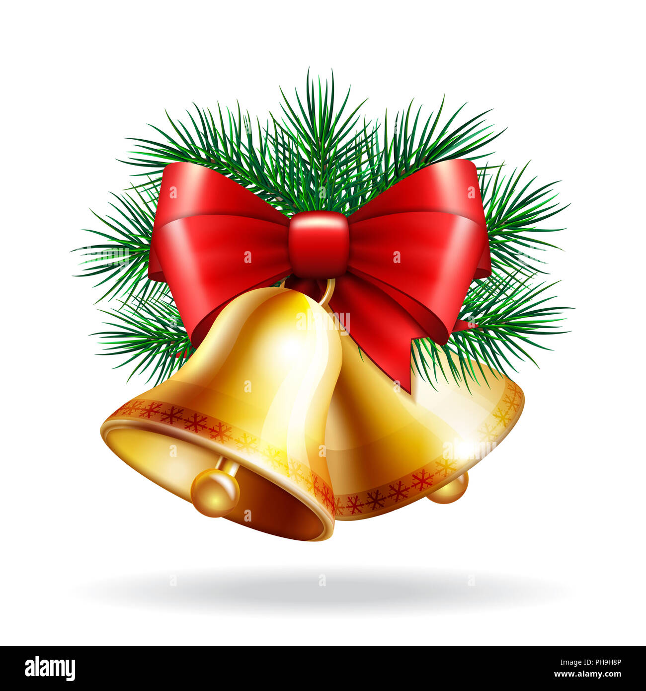 Golden Bells And Red Bow For Christmas Stock Photo - Download