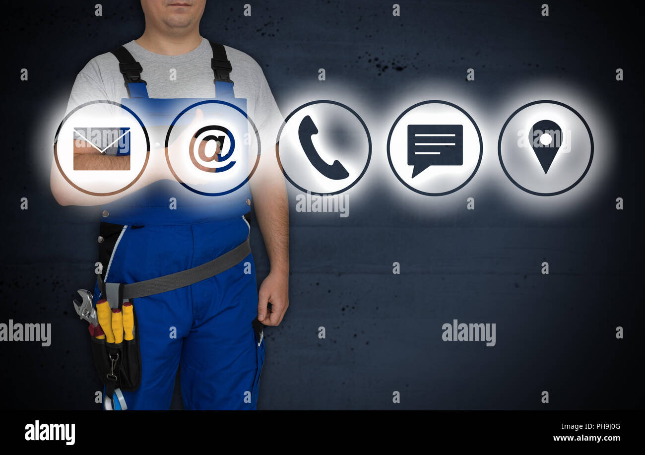 Contact options and craftsman with thumbs up. Stock Photo