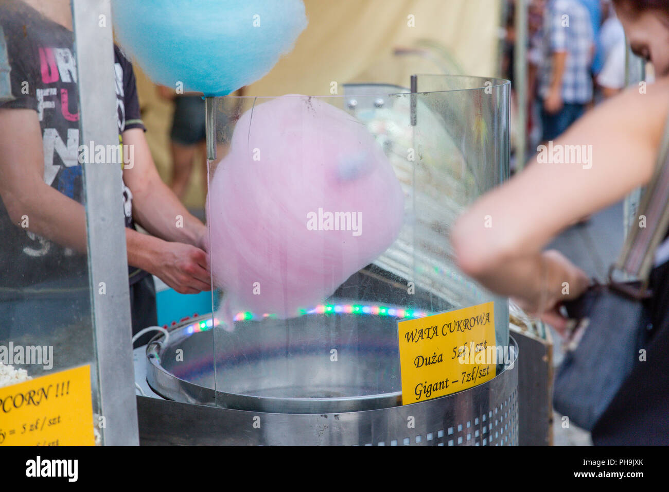 Spinning candy floss at the Carpathian Climates festival in Krosno, Poland Stock Photo