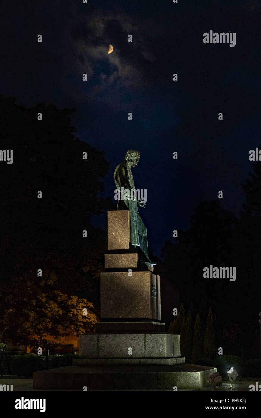 Bronze statue of Ignacy Lukasiewicz Polish pioneer who in 1856 built the world's first oil refinery standing in Krosno, Poland. Night photography. Stock Photo