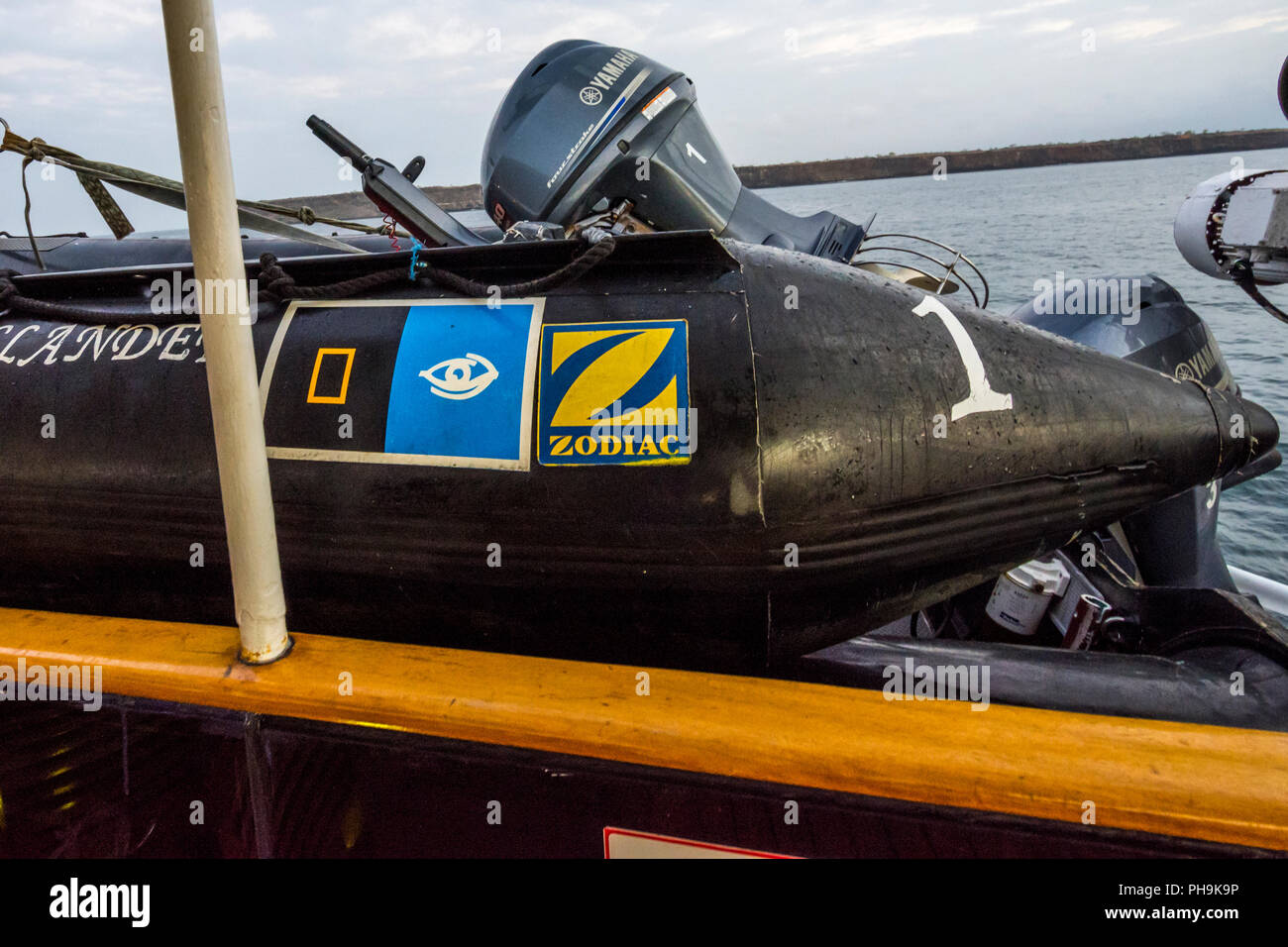 Empty inflatable boat on the Lindblad National Geographic Islander in the Galapagos Islands. Stock Photo