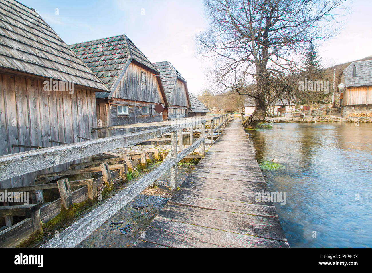 Lika, Croatia, old wooden water mills in on Majerovo vrilo, source of Gacka river Stock Photo