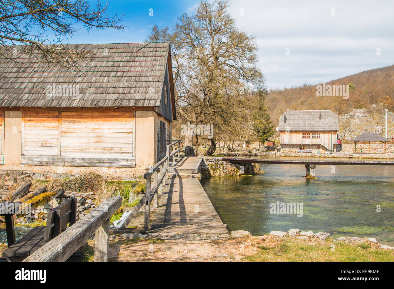 Lika, Croatia, old wooden water mills in on Majerovo vrilo, source of Gacka river Stock Photo