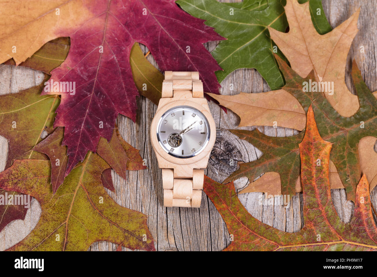 Simple watch lying in autumn leaves and rustic wood background Stock Photo