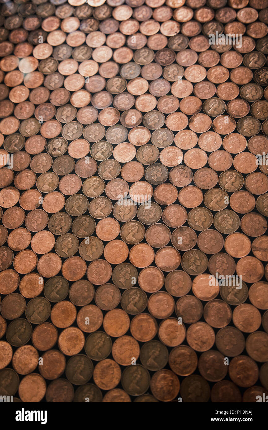 Abstract high angle view of a floor which has been made out of two pence coins. Stock Photo