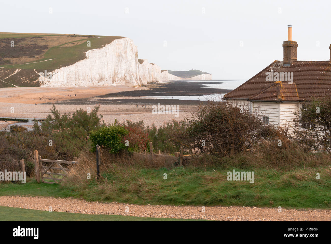 Seven Sisters and coast guard cottages, Eastbourne, East Sussex, England Stock Photo