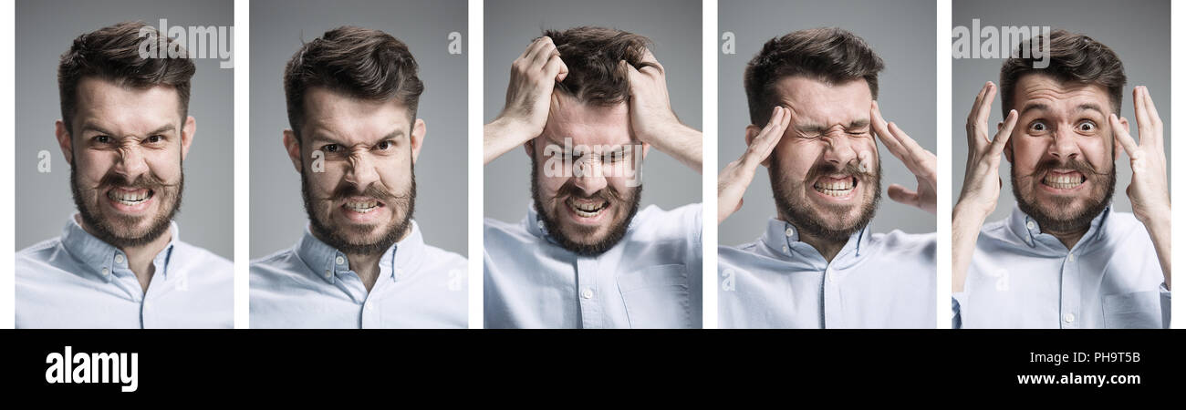 Set of young man's portraits with different angry emotions on gold studio background Stock Photo