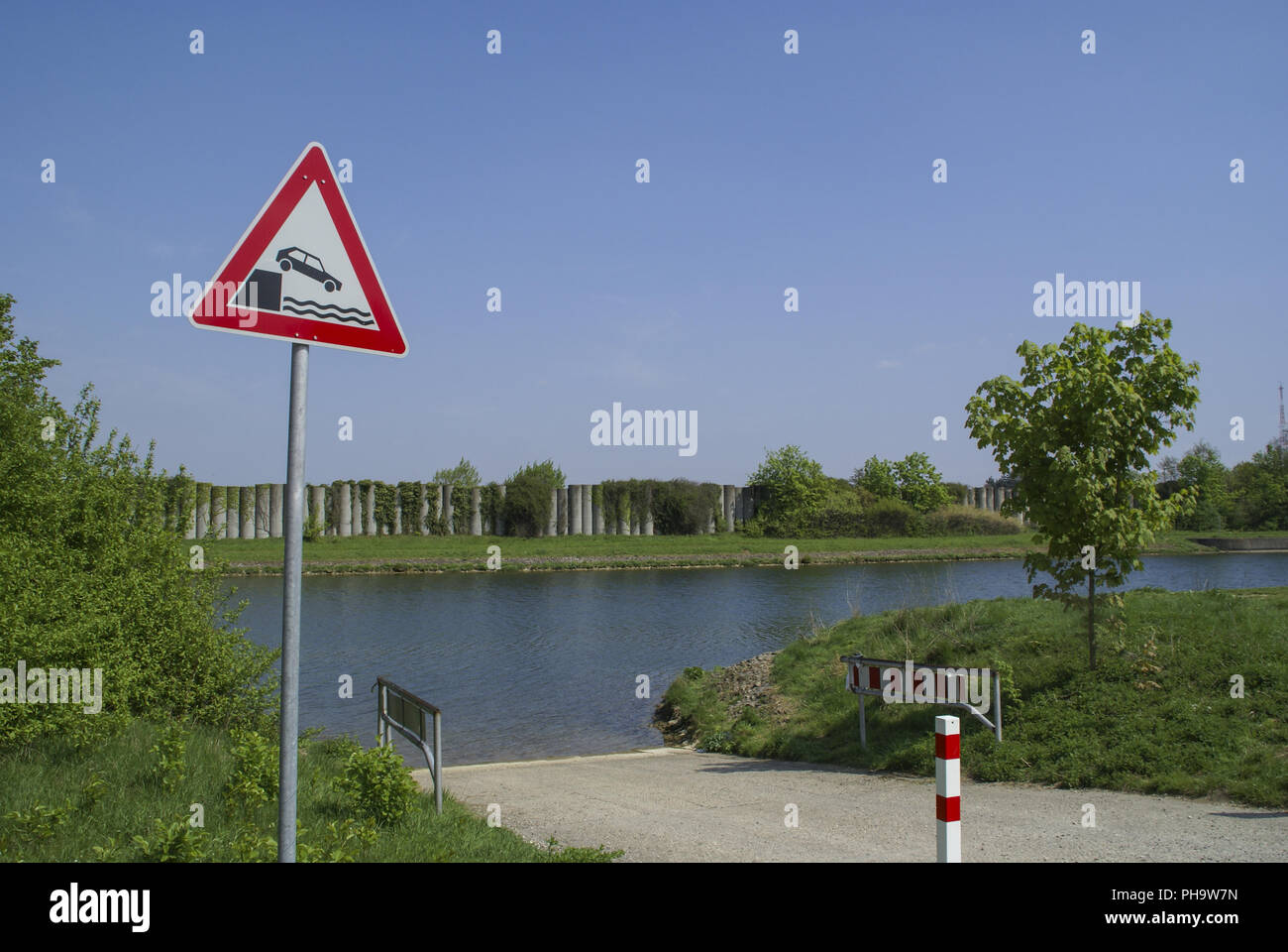 Danger sign nearby the Main-Danube-Channel, Nuremberg, Germany Stock Photo