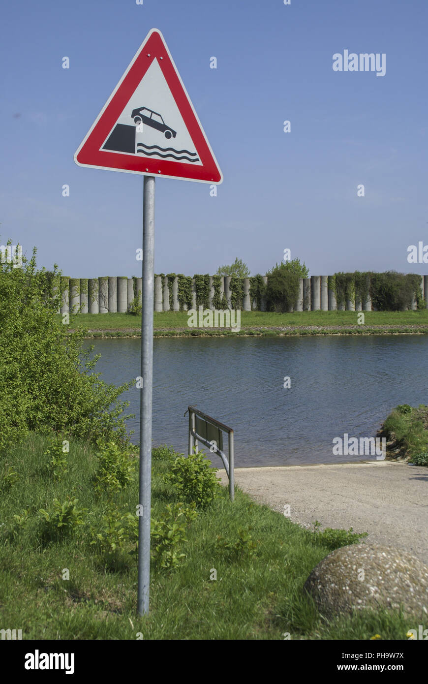 Danger sign nearby the Main-Danube-Channel, Nuremberg, Germany Stock Photo