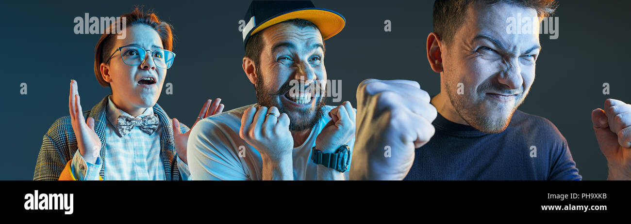 Collage about emotions of television fans. Screaming, hate, rage. Crying emotional angry men screaming in colorful bright lights at studio. Faces closeup. Human, facial expression concept. Stock Photo