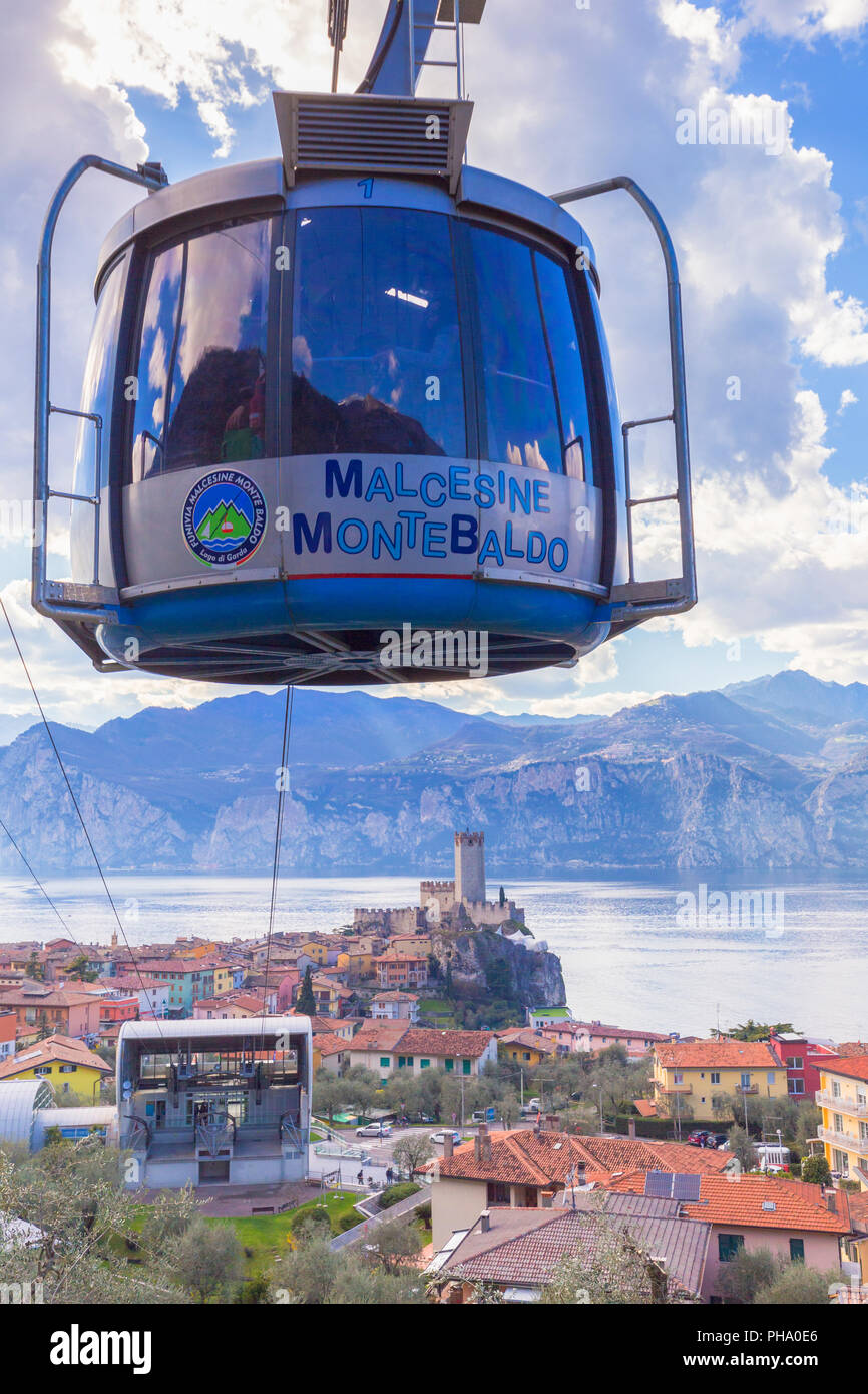 Cable car coming to the village of Malcesine, Lake Garda, Verona