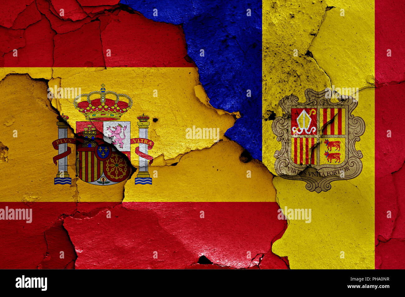 flags of Spain and Andorra painted on cracked wall Stock Photo - Alamy