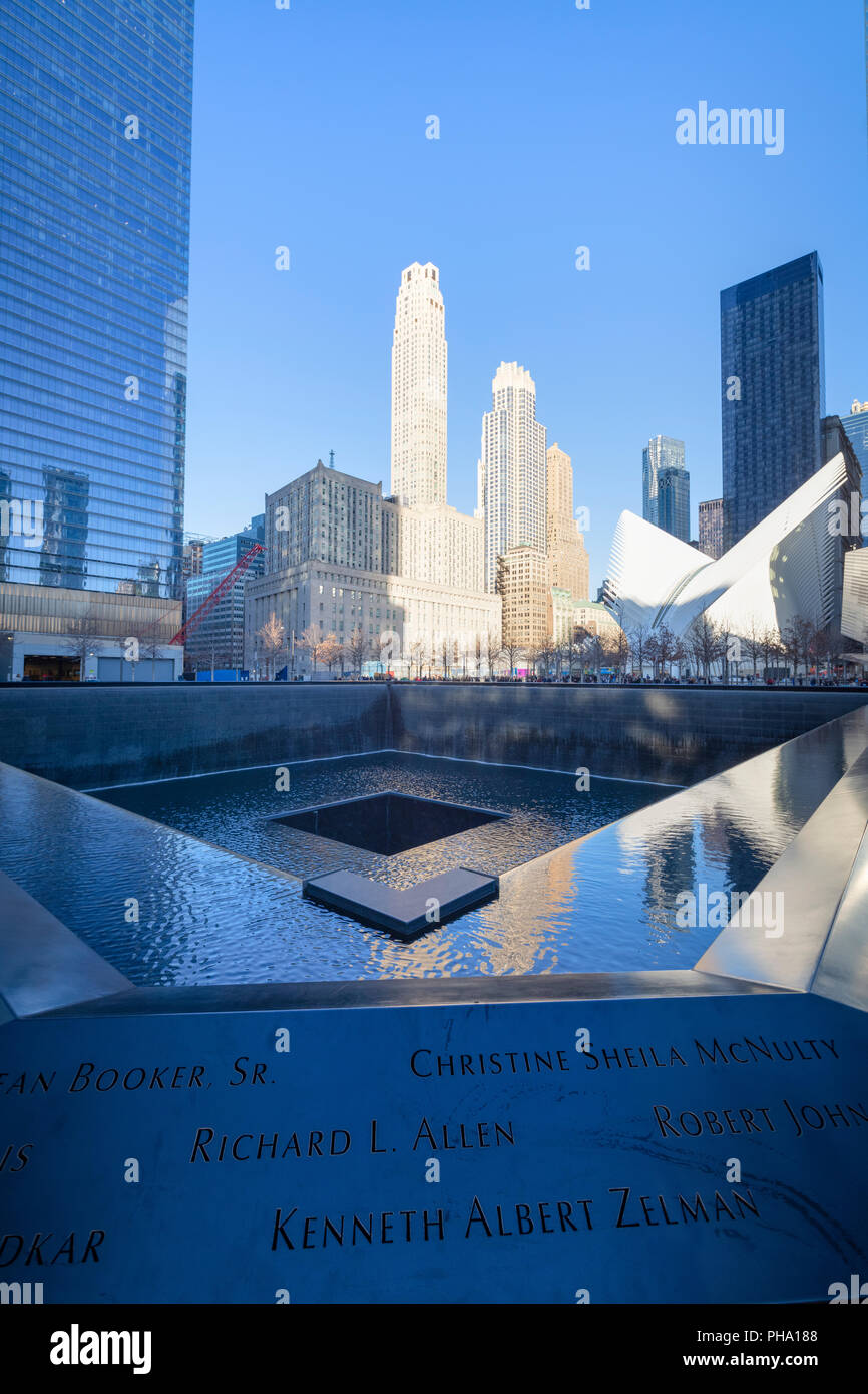North Pool memorial fountain, Ground Zero, One World Trade Center, Lower Manhattan, New York City, United States of America, North America Stock Photo