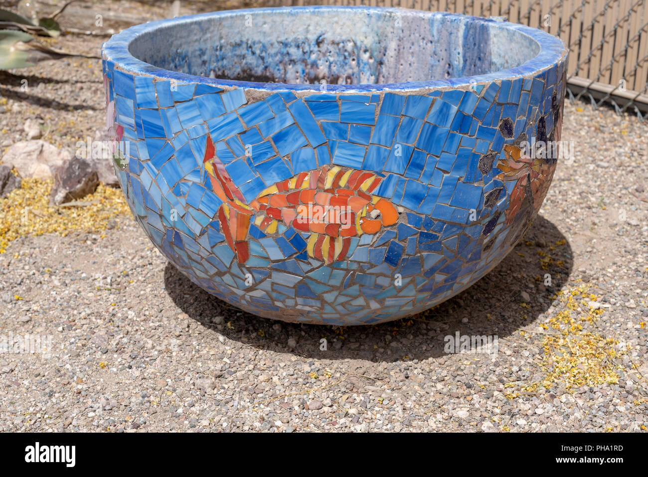 Handmade glass bowel depicting fish and a  checkerboard blue background. Stock Photo