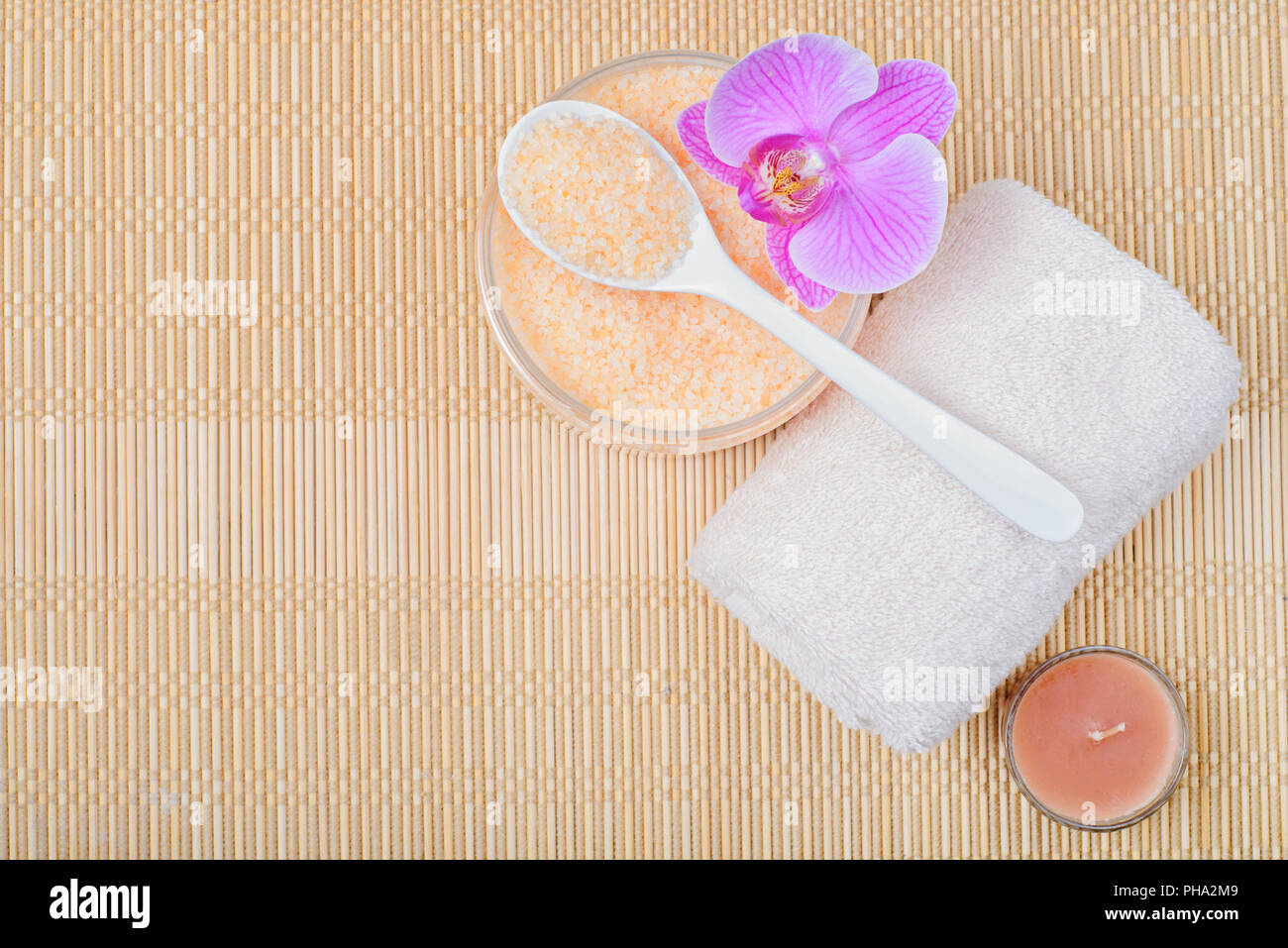 Kit body care, accessories for Spa on a bamboo mat Stock Photo