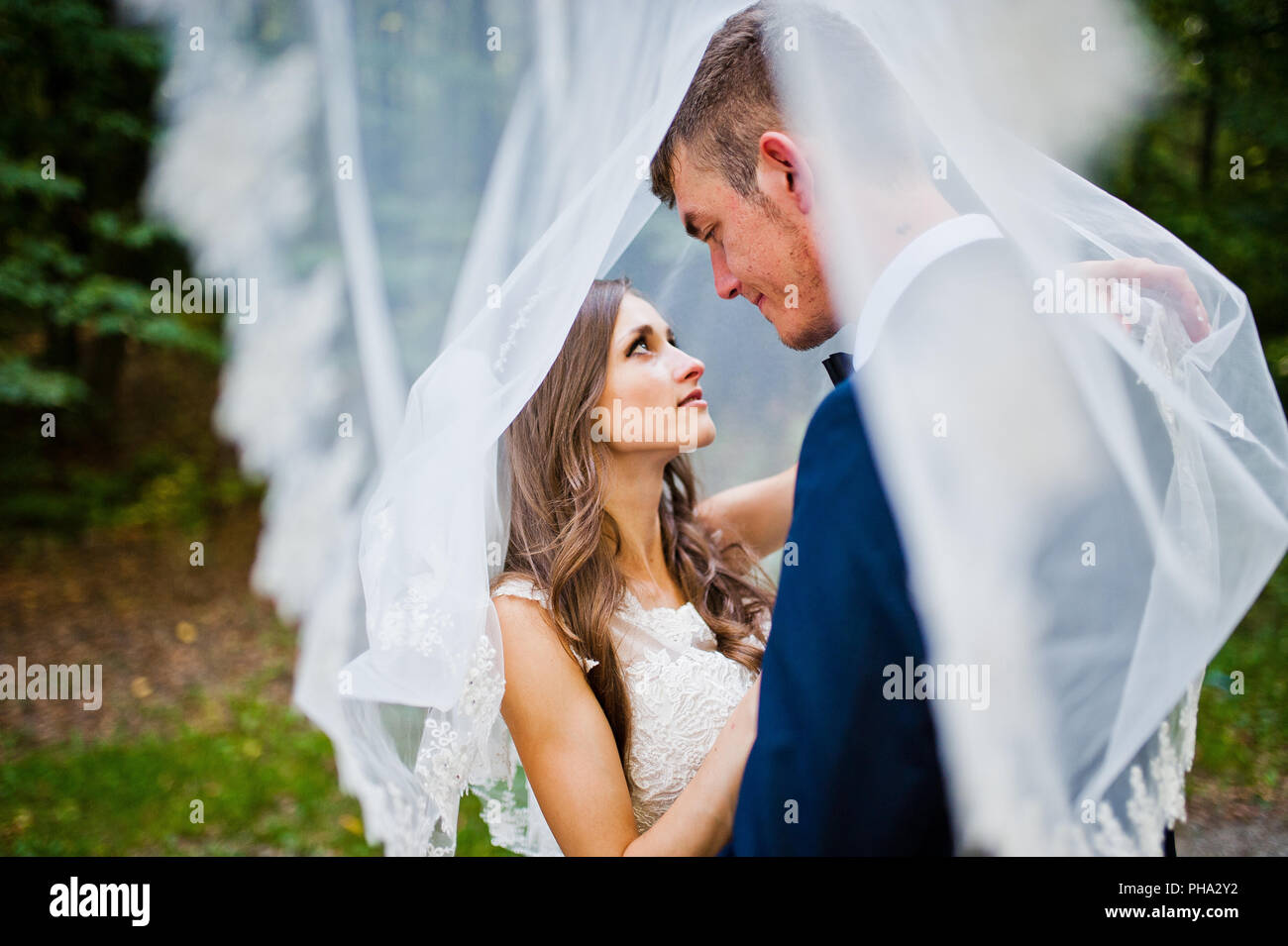Young wedding couple under veil hi-res stock photography and images - Alamy