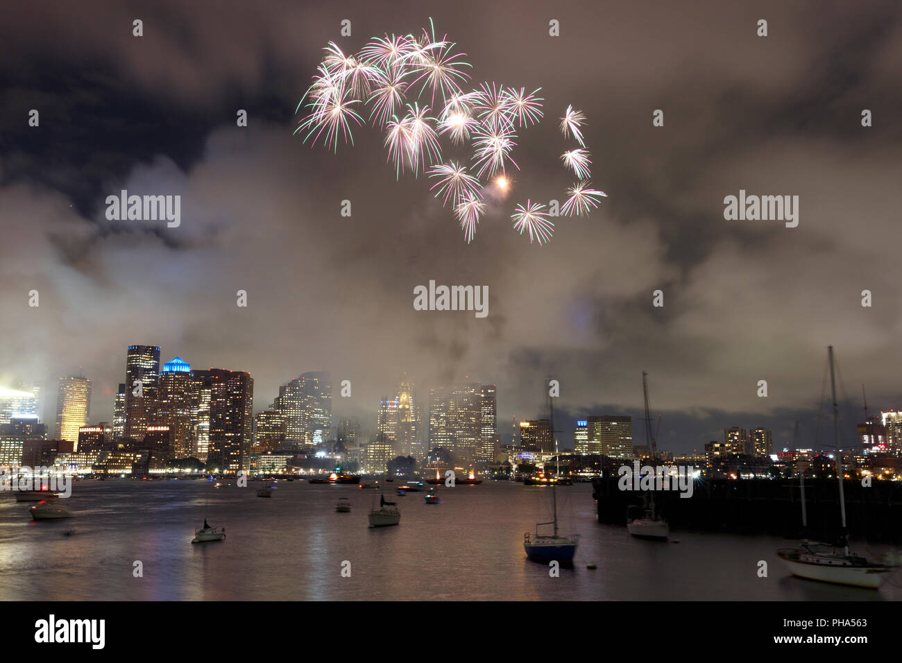 Boston Harbor skyline fireworks display Stock Photo Alamy