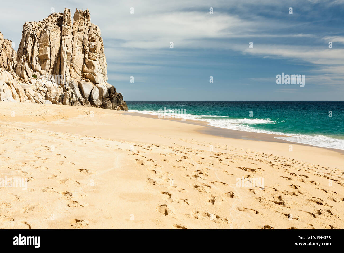 Footsteps in the beach of Cabo San Lucas, Mexico Stock Photo
