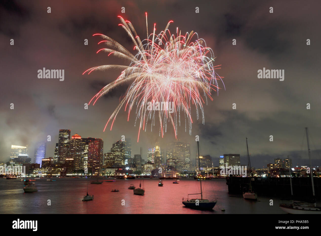 Boston Harbor skyline fireworks display Stock Photo - Alamy