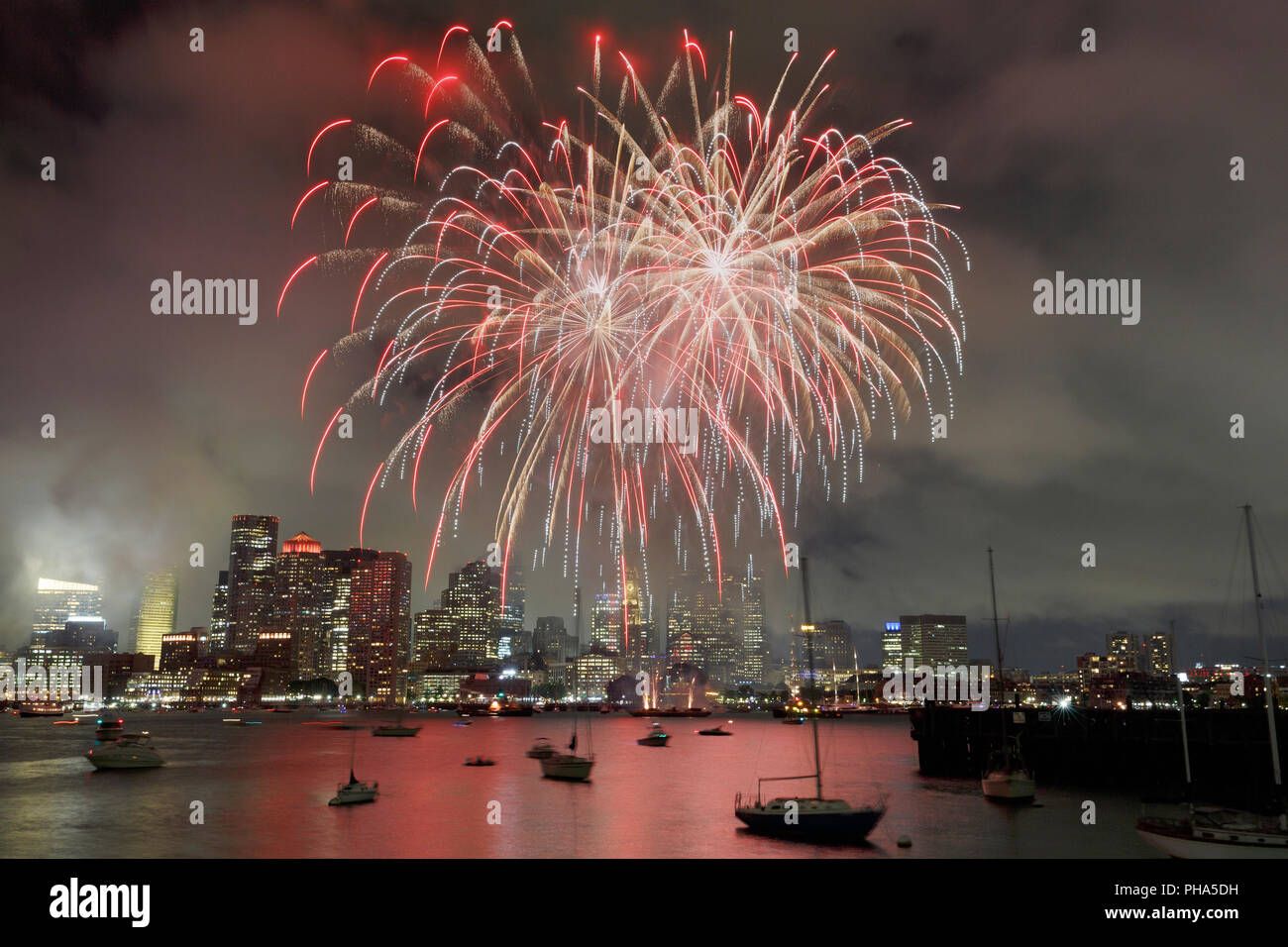 Boston Harbor skyline fireworks display Stock Photo Alamy