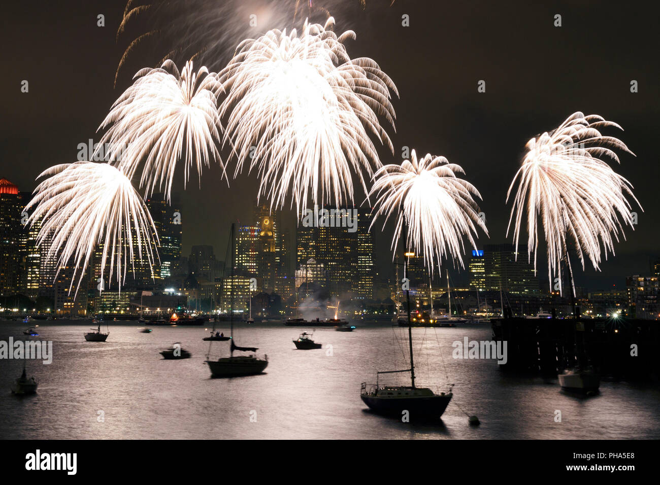Boston Harbor skyline fireworks display Stock Photo Alamy