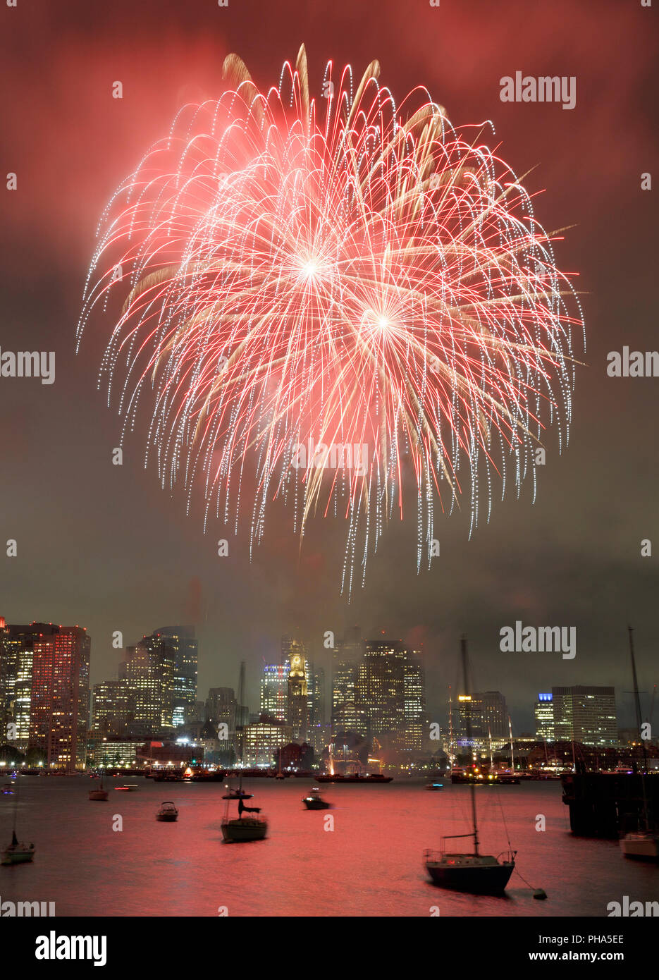 Boston Harbor skyline fireworks display Stock Photo Alamy