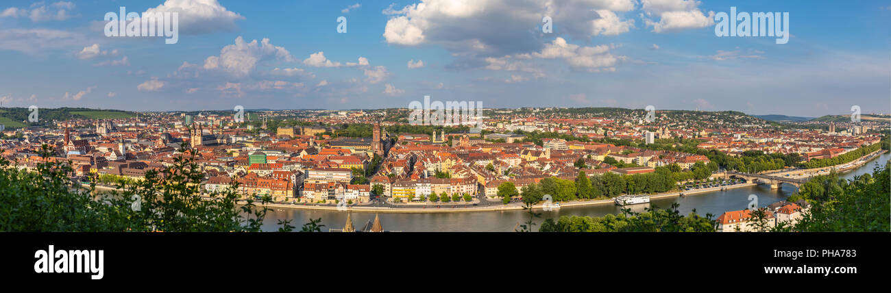 Panorama view of Wuerzburg cityscape from the view platform of Marienberg Fortress on a sunny summer day, Wuerzburg, Bavaria, Germany Stock Photo