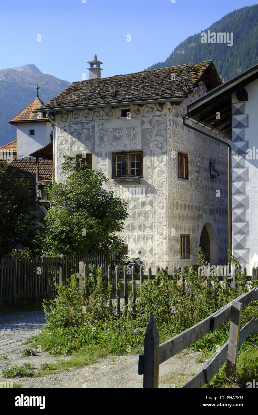 Andeer, typical house of Kanton Graubunden, Switzerland Stock Photo