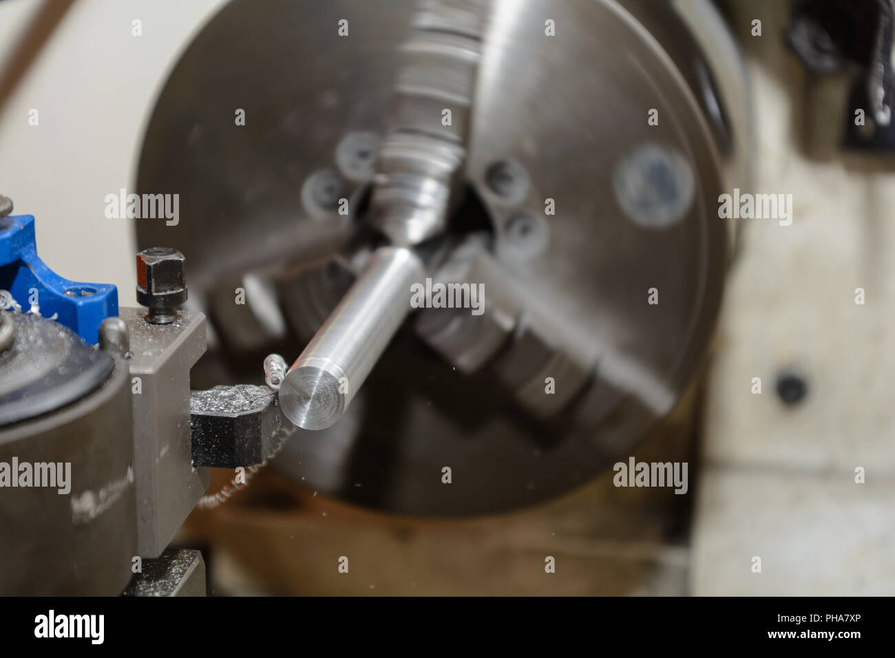 Metal working on a lathe - close-up Stock Photo
