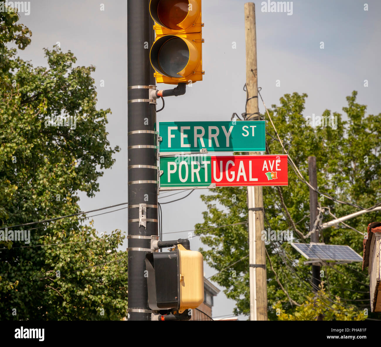 Commemorative street sign in the Ironbound neighborhood in Newark, NJ on Saturday, August 25, 2018. The neighborhood is a Portuguese enclave and a major tourist attraction for the city. (© Richard B. Levine) Stock Photo