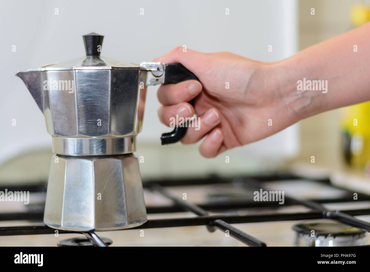 Good coffee from classic Italian coffee machine - close-up Stock Photo