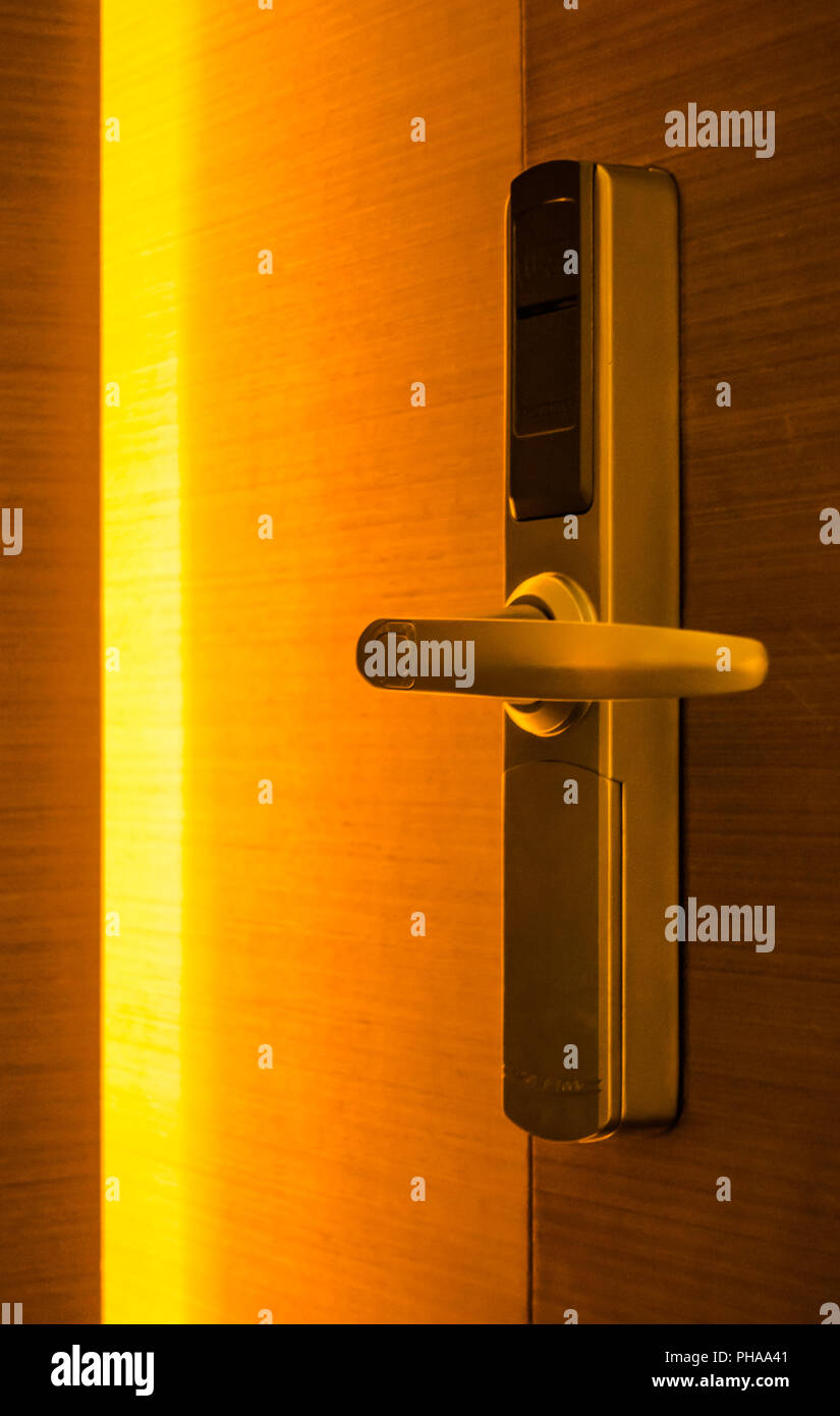 High Tech Hotel Door Handle Card Lock Upscale Lighting Interior Stock Photo