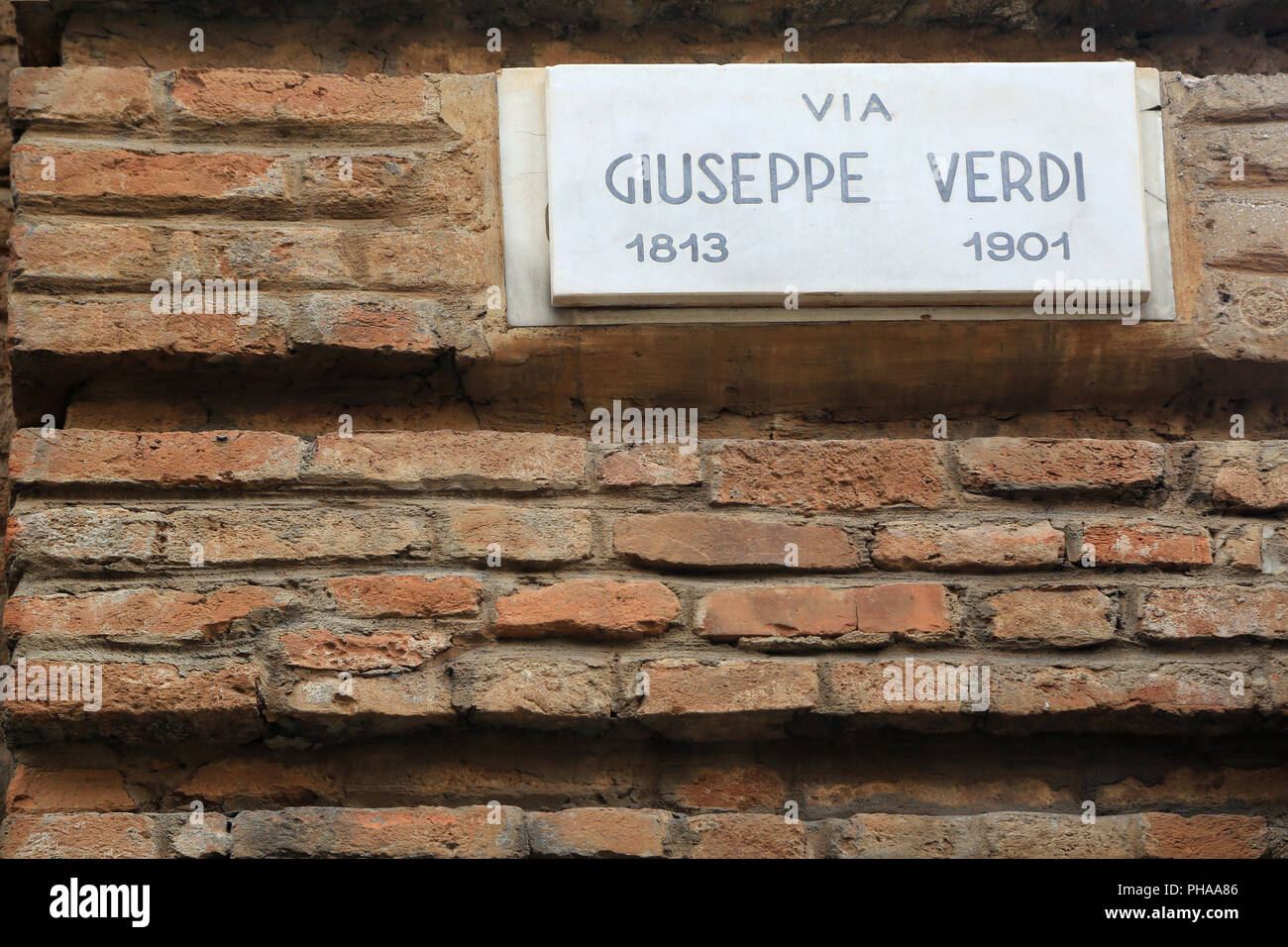 Turin, Via Giuseppe Verdi, Road sign, brickwork Stock Photo