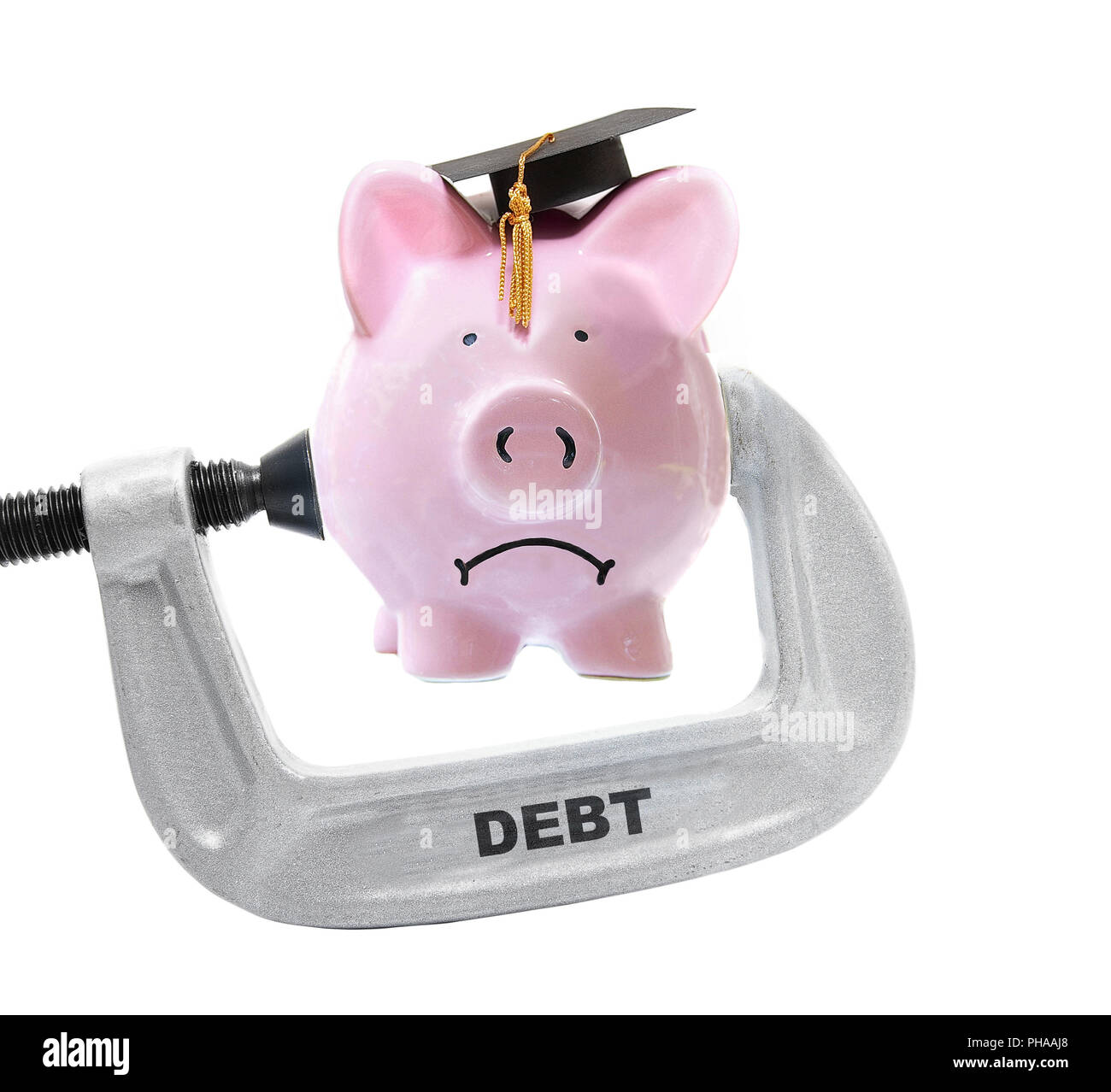 Debt piggy bank vice Stock Photo