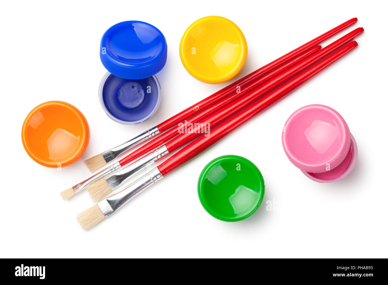 Gouache Paints with Paint Brushes Isolated on White Background Stock Photo