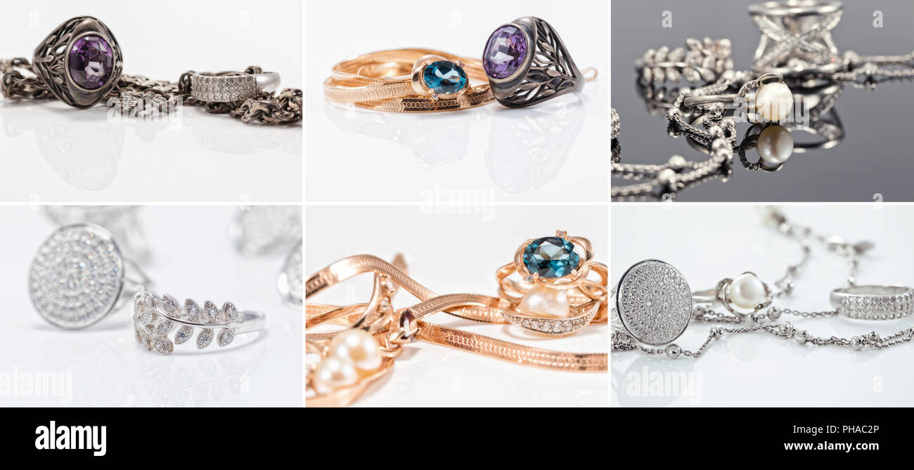 jewelry in different shapes of silver and gold Stock Photo