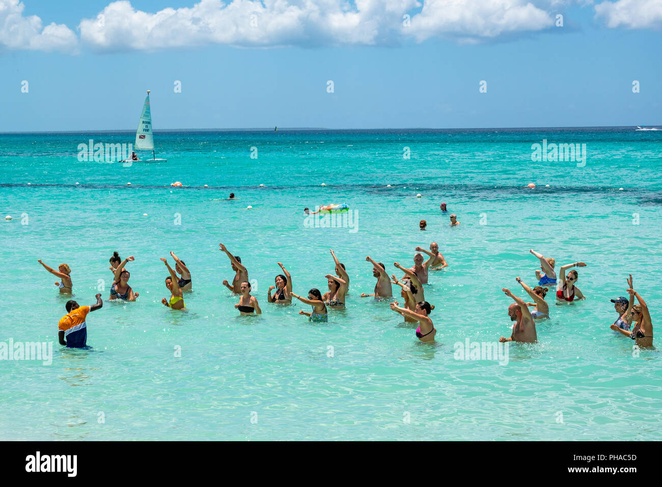 Bayahibe, Dominican Republic, 27 August 2018. An aquafit fitness class for tourists at a Caribbean sea resort. Photo by Enrique Shore Stock Photo