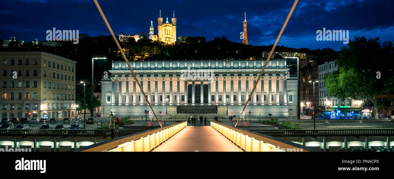 Night view of Lyon from footbridge, France Stock Photo