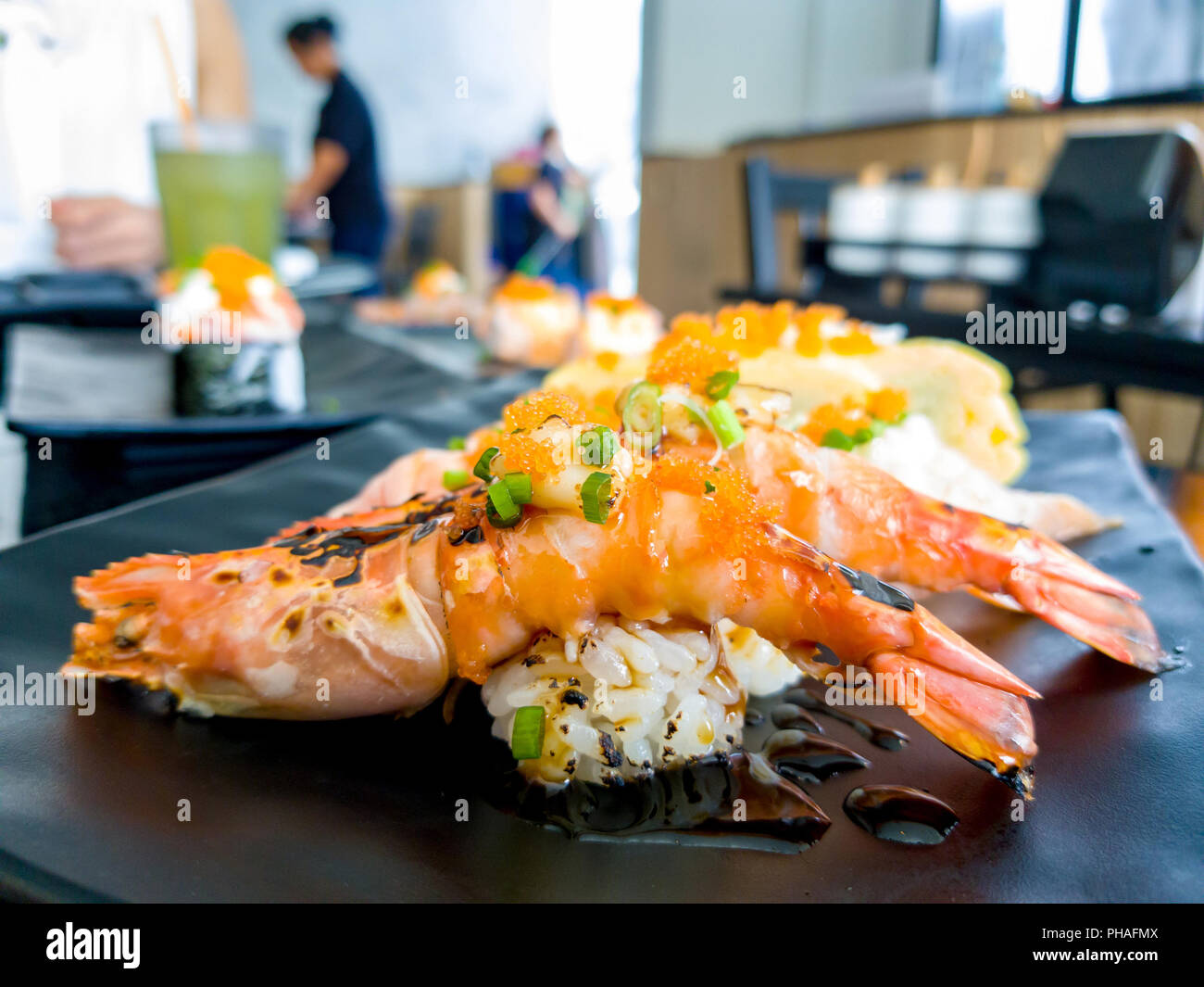 Sushi Shrimp burn the fire (Aburi River Prawn) and Aburi Salmon sushi