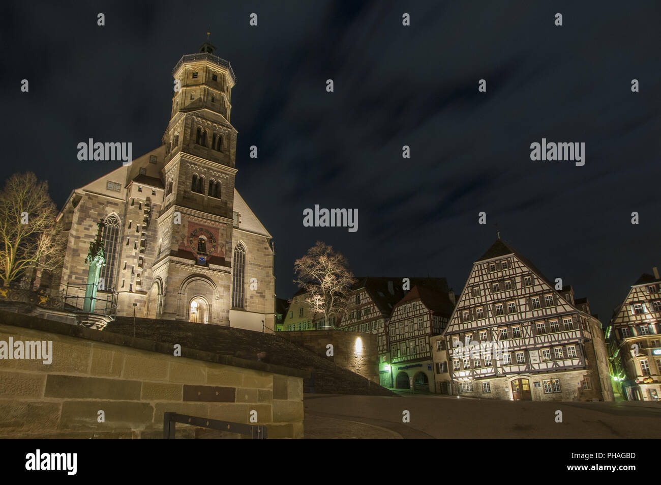 Market place in Schwaebisch Hall by Night, Germany Stock Photo