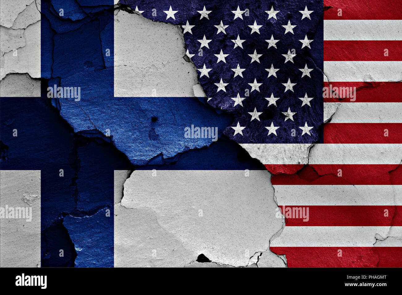 flags of Finland and USA painted on cracked wall Stock Photo - Alamy