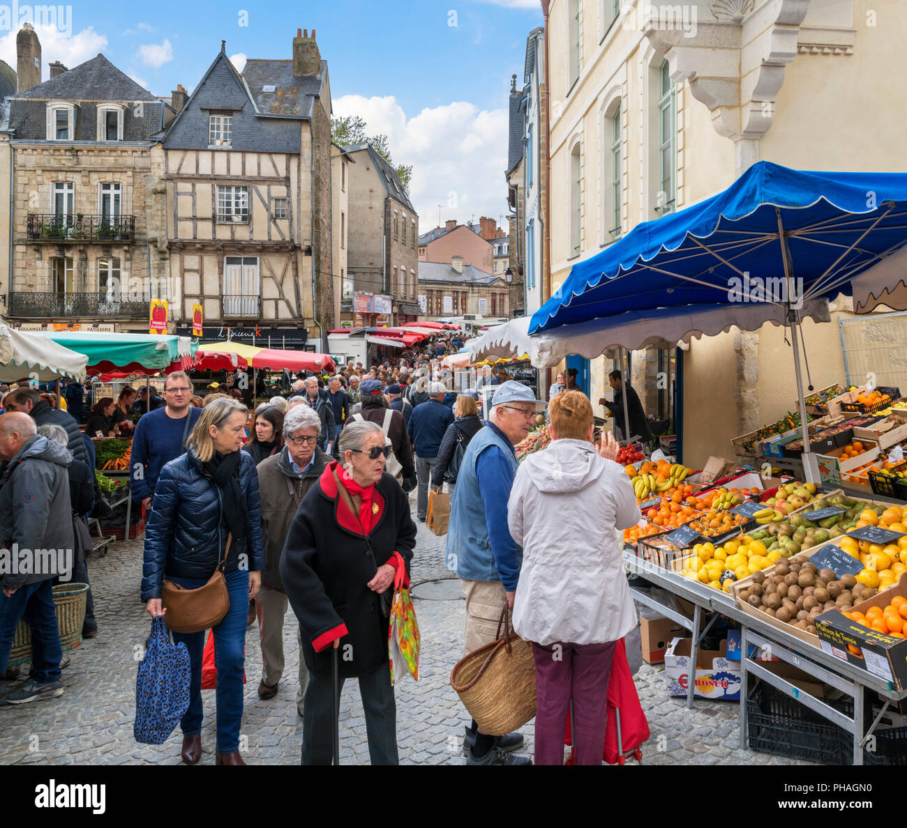 Saturday market in the old town, Vannes, Brittany, France Stock Photo