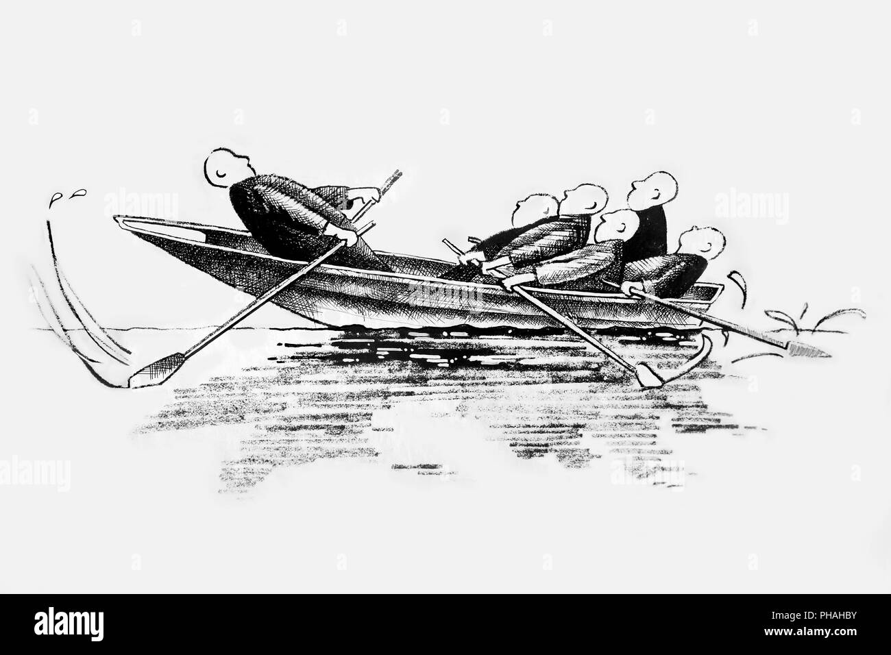 Rowing boat with rowers, lack of consensus Stock Photo Alamy