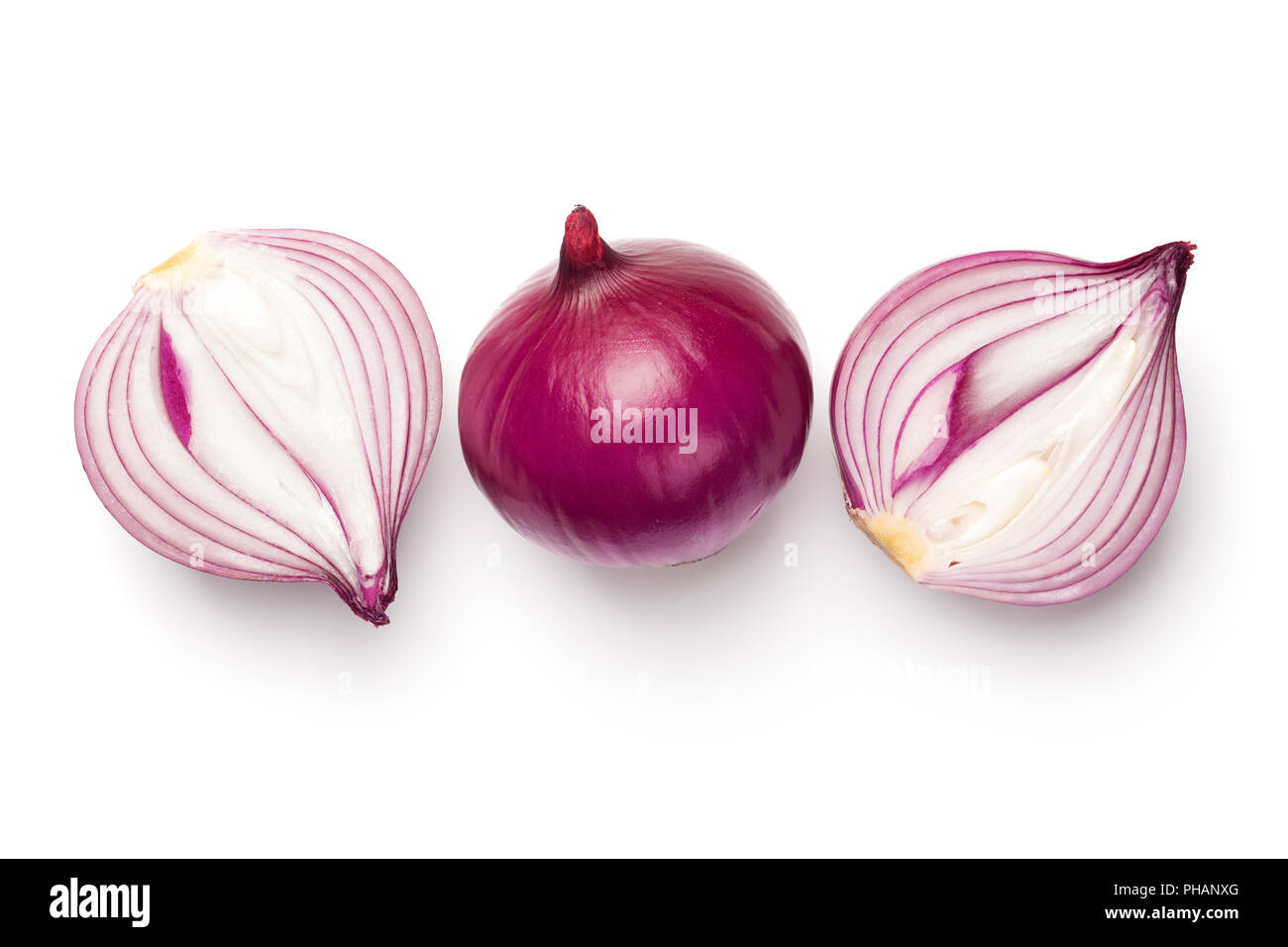 Red Sliced Onions Isolated on White Background Stock Photo