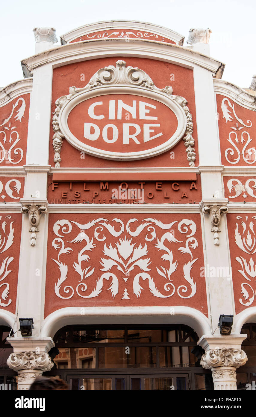 Detail of the facade of the historic Cine Dore (home of the Spanish Cinematheque) in Lavapies, a historic neighborhood in the city of Madrid, Spain Stock Photo