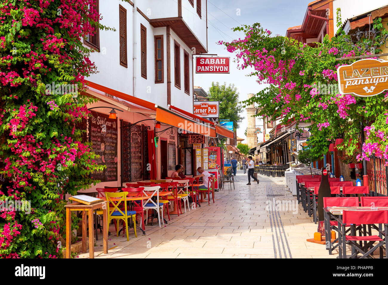 Blooming flowers at Kaleici old town streets, Antalya, Turkey Stock Photo